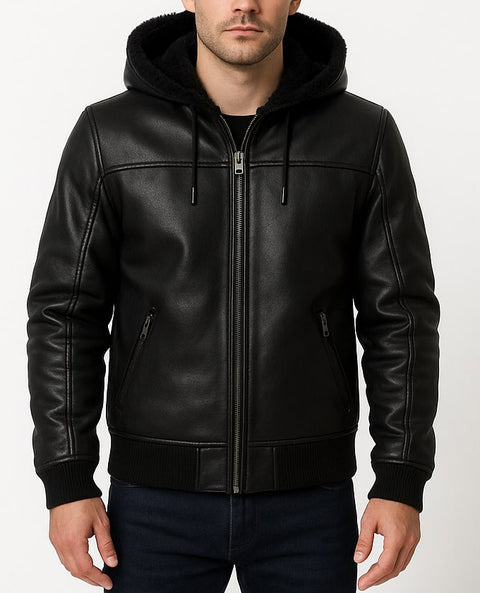 Men Black Bomber Hooded Fur Leather Jacket
