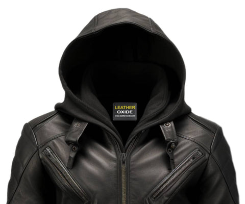 Men Hooded Leather Jacket - Hooded Black Leather Jacket