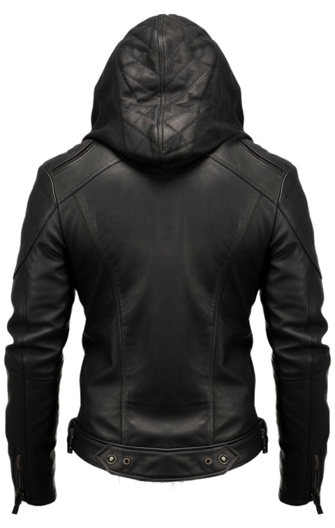 Men Hooded Leather Jacket - Hooded Black Leather Jacket