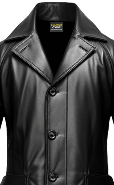 Men Black Leather Coat- Long Leather Coat - Leatheroxide