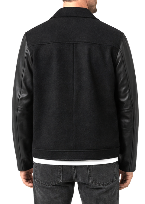Men Black Wool and Leather Jacket