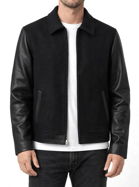 Men Black Wool and Leather Jacket