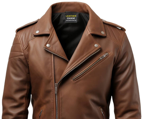 Men Brown Biker Leather Jacket - Brown Moto Jacket