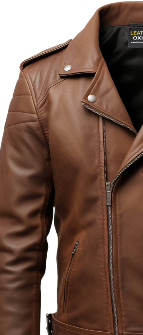 Men Brown Biker Leather Jacket - Brown Moto Jacket