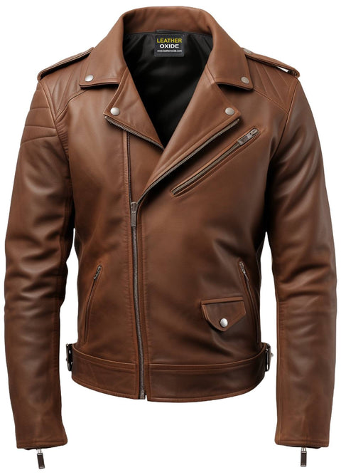 Men Brown Biker Leather Jacket - Brown Moto Jacket