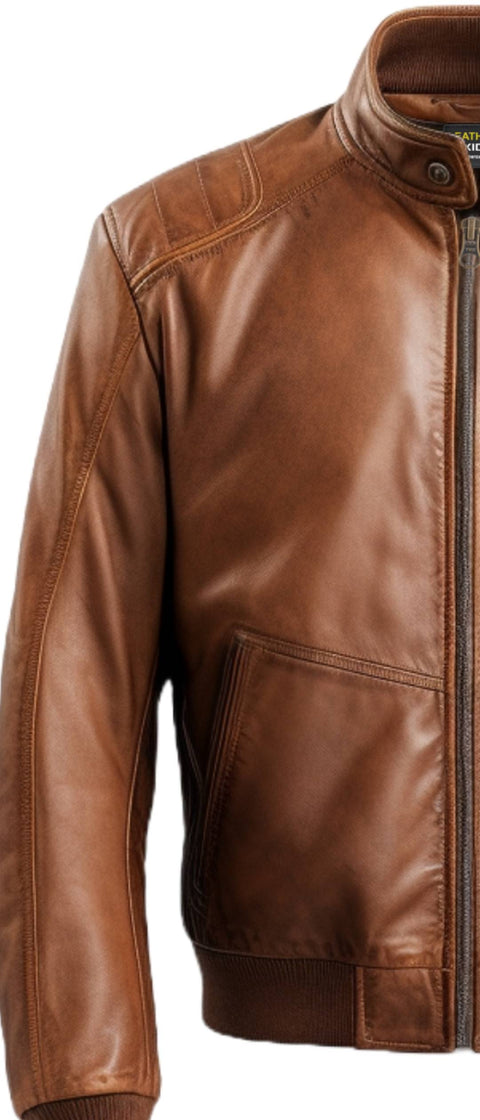 Men Brown Bomber Leather Jacket - Brown Bomber Leather Jacket