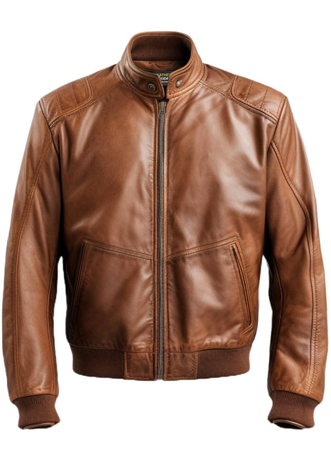 Men Brown Bomber Leather Jacket - Brown Bomber Leather Jacket