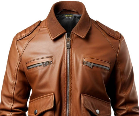 Men Brown Leather Jacket Bomber, Bomber Style Leather Jacket - Leatheroxide