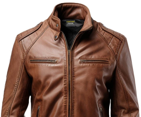 Men Brown Leather Slim fit Jacket - Brown Slim fit Jacket