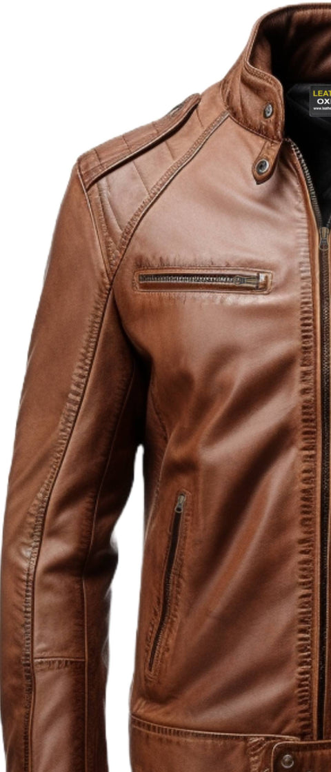 Men Brown Leather Slim fit Jacket - Brown Slim fit Jacket