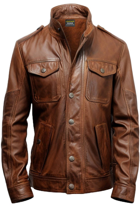 Men Brown Strap Pockets Leather Jacket - Men Brown Leather Jacket - Leatheroxide