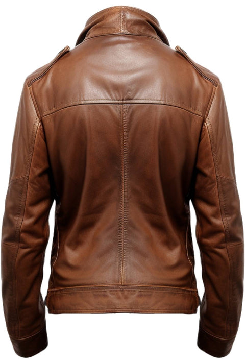 Men Brown Strap Pockets Leather Jacket - Men Brown Leather Jacket - Leatheroxide