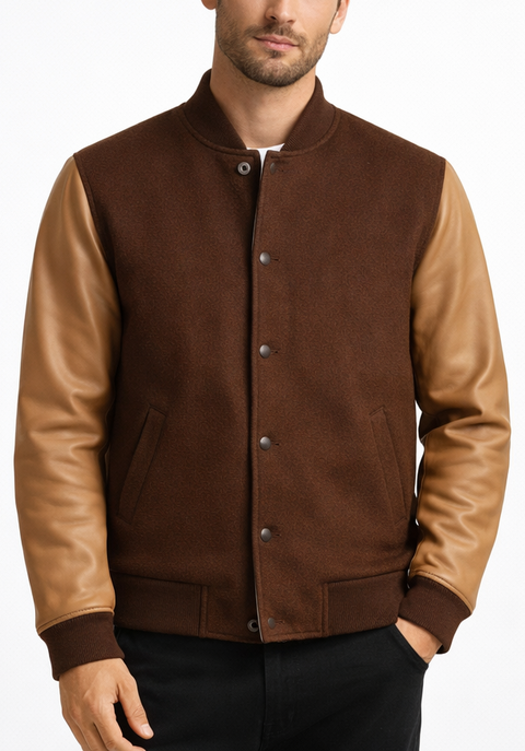 Men Brown Wool and Leather Jacket