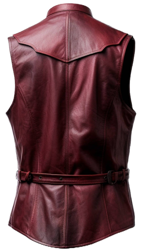 Men Burgundy Distressed Leather Vest