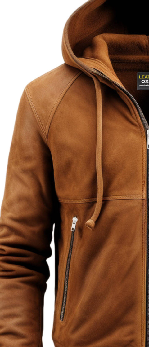 Men Camel Brown Stylish Suede Hooded Leather Jacket