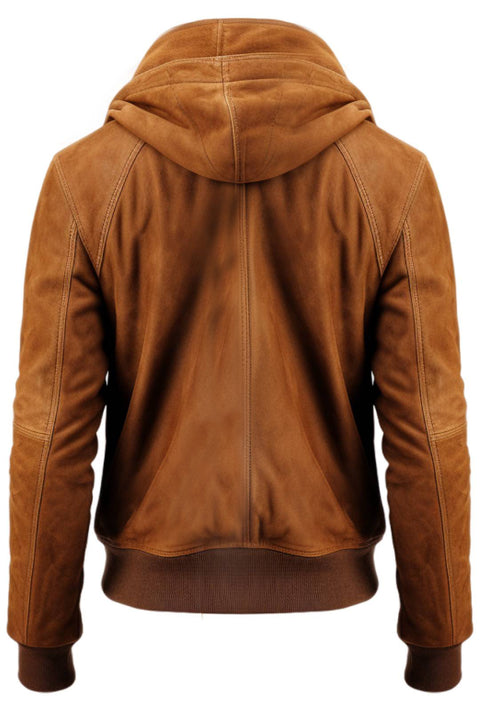Men Camel Brown Stylish Suede Hooded Leather Jacket