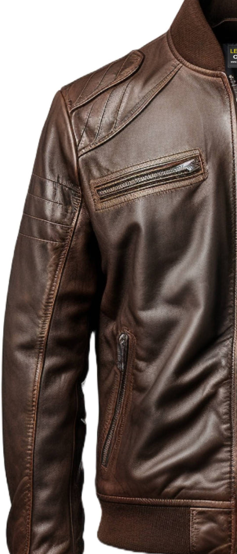 Men Dark Brown Leather Bomber Jacket - Brown Bomber Leather Jacket