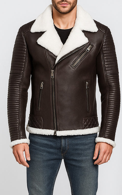 Men Dark Brown Premium Biker-Fur Leather Jacket