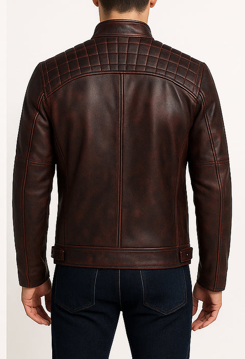 Men Diamond Classic Burgundy distressed Leather Jacket