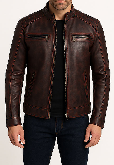Men Diamond Classic Burgundy distressed Leather Jacket