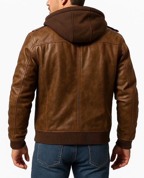 Men Distressed Brown Hooded Leather Jacket