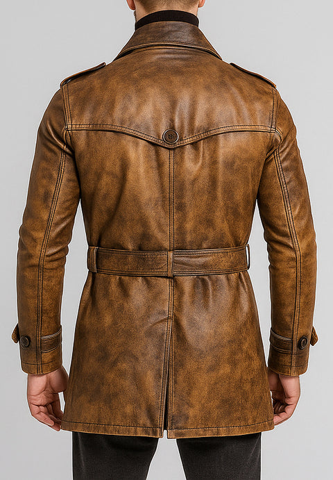 Men Distressed Brown Prestige Leather Trench Coat