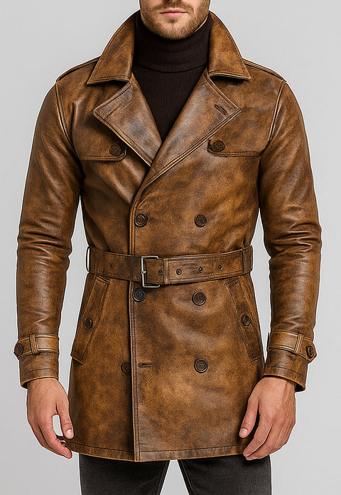 Men Distressed Brown Prestige Leather Trench Coat