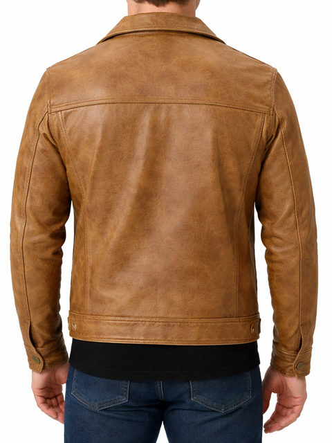 Men Distressed Iight Tan Trucker Leather Jacket