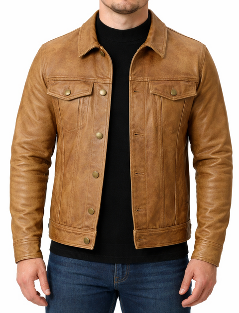 Men Distressed Iight Tan Trucker Leather Jacket