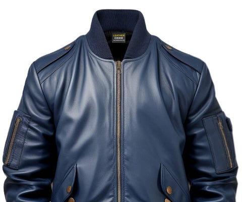 Men Flight Bomber Blue Leather Jacket - Bomber Leather Jacket