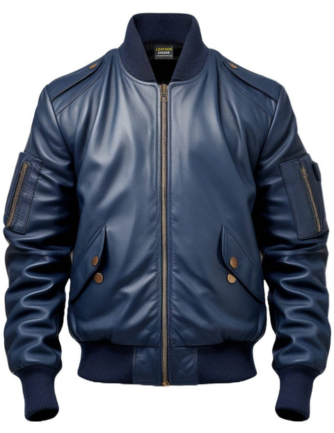 Men Flight Bomber Blue Leather Jacket - Bomber Leather Jacket