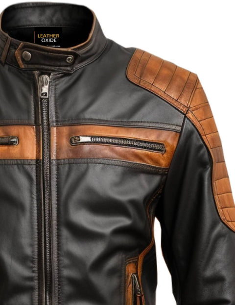 Men Leather Jacket - Black Orange Waxed Leather Jacket - Leatheroxide