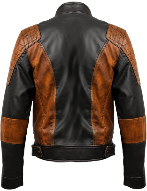Men Leather Jacket- Orange Black Waxed - Leatheroxide