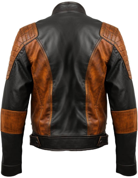 Men Leather Jacket - Black Orange Waxed Leather Jacket - Leatheroxide