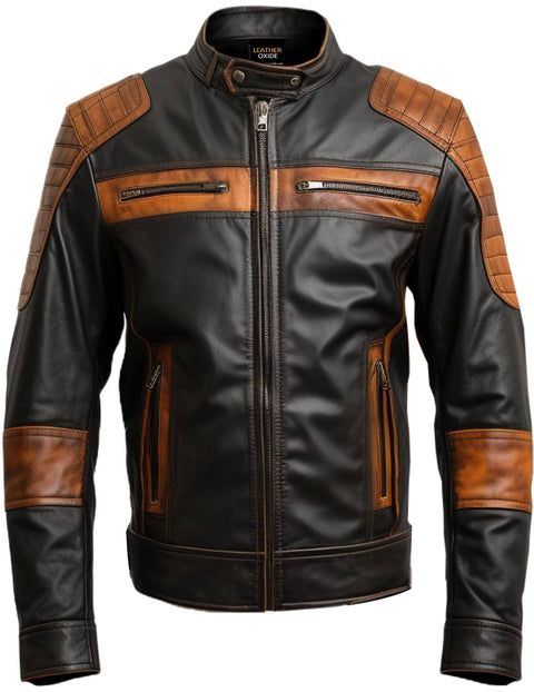 Men Leather Jacket - Black Orange Waxed Leather Jacket - Leatheroxide