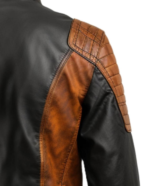 Men Leather Jacket- Orange Black Waxed - Leatheroxide