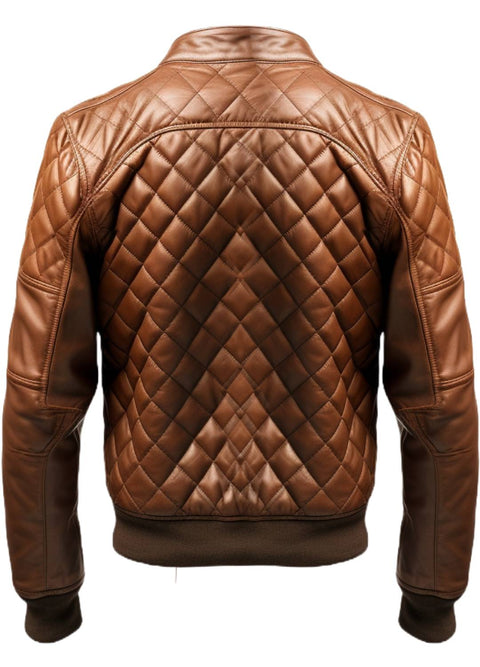 Men Quilted Bomber Leather Jacket with Golden Zipper