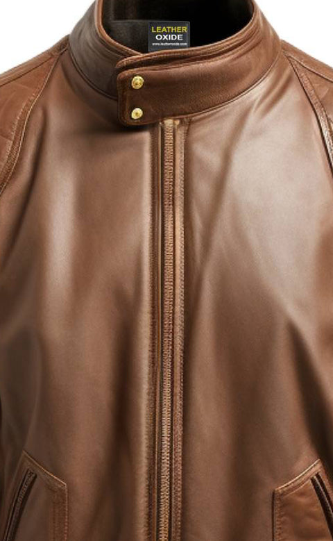 Men Quilted Bomber Leather Jacket with Golden Zipper