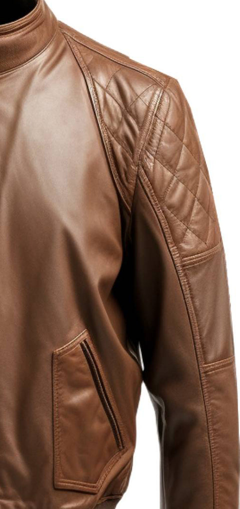 Men Quilted Bomber Leather Jacket with Golden Zipper