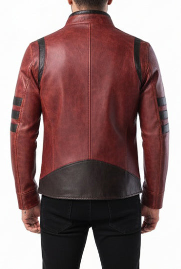 Men Racer Stripes Red Black Distressed Leather Jacket