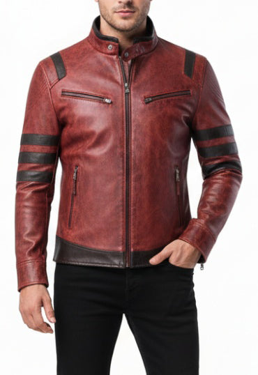 Men Racer Stripes Red Black Distressed Leather Jacket