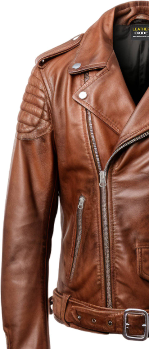 Men Real Leather Brown Biker Jacket