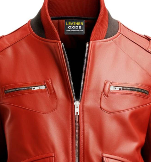 Men Red Leather Bomber Jacket
