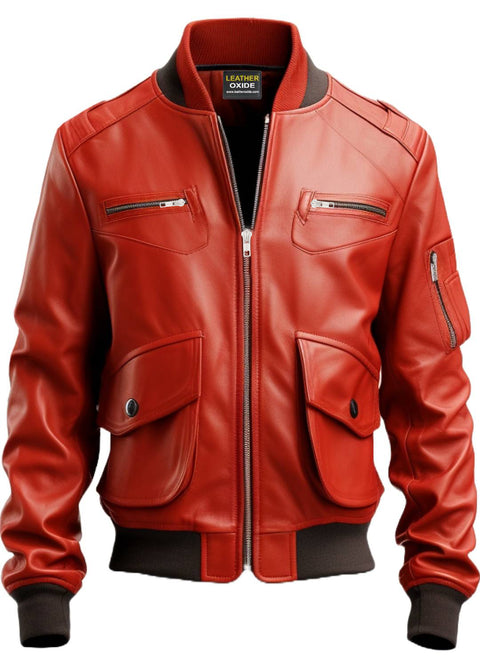 Men Red Leather Bomber Jacket