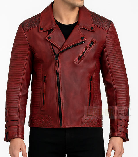 Men Red Phantom Biker Distressed Leather Jacket