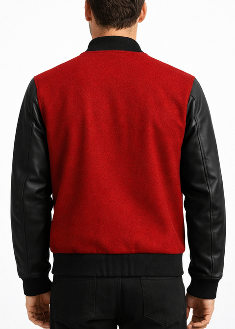 Men Red Wool and Black Leather Jacket