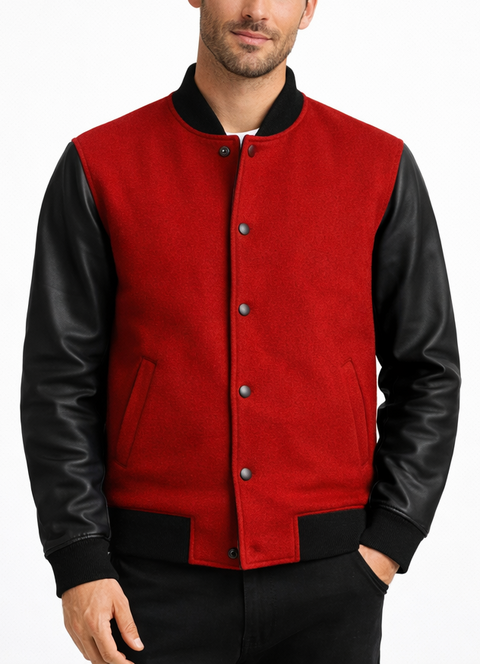 Men Red Wool and Black Leather Jacket