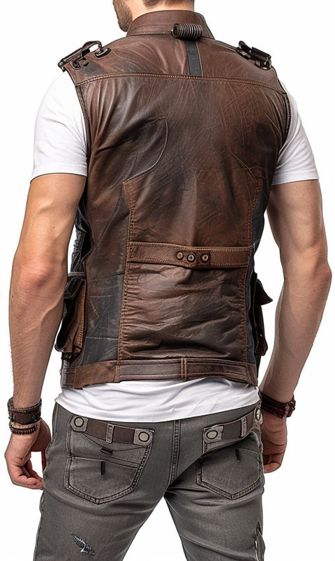 Men Rub off Military Leather Vest