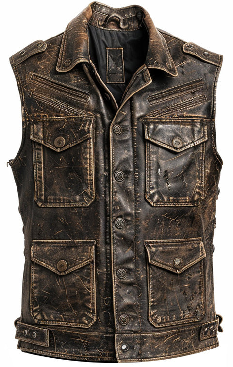 Men Strap Pockets Distressed Brown Leather Vest