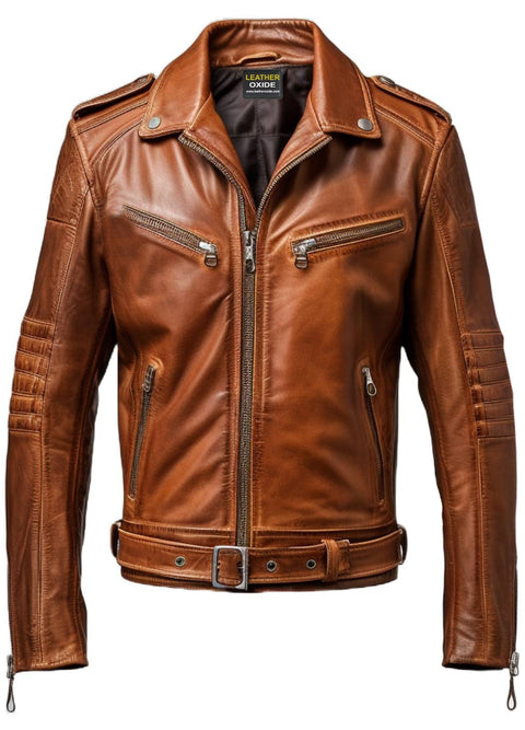 Men Stylish Belted Brown Vintage Leather Biker Jacket